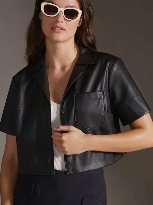 Maeve By Anthropologie Cropped Vegan Faux Leather Short Sleeve Surf Shirt